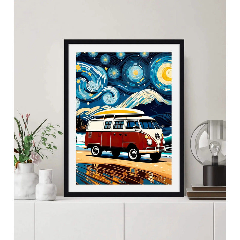 Cuadro Kombi Surf La Noche Estrellada Arte Playa Decoracion Marco Negro