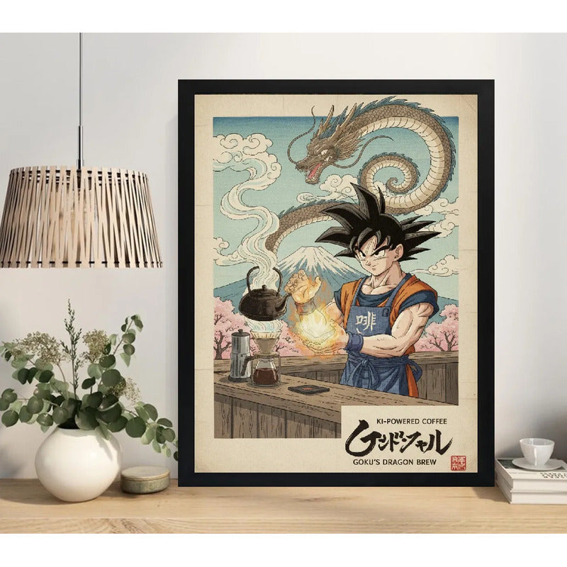 Cuadro Goku Cafe Barista Dragon Ball Cocina Arte Japon Anime Marco Negro