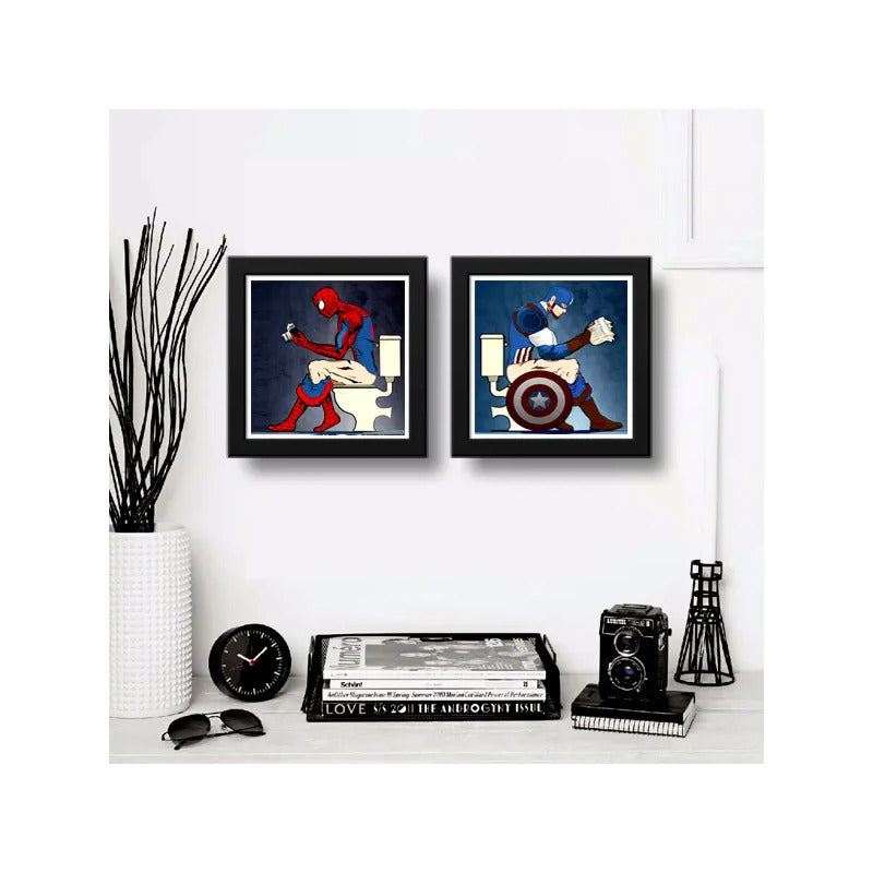 Set 2 Cuadros Spiderman Capitán America Baño Héroe Comics