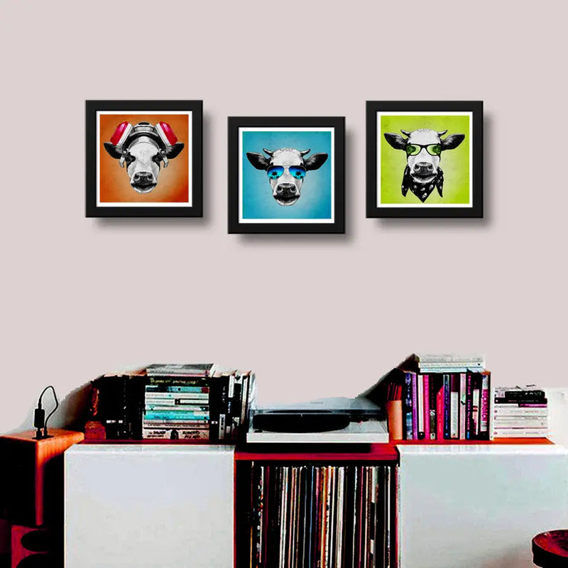 Set 3 Cuadros Vaca Hipster Pop Art Gafas Animales Decoracion