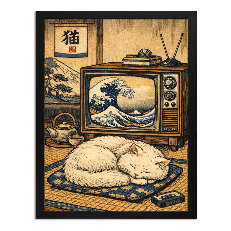 Cuadro Gato Blanco Ola Kanagawa Arte Japones Feng Shui Marco Negro
