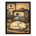 Cuadro Gato Blanco Ola Kanagawa Arte Japones Feng Shui Marco Negro