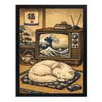 Cuadro Gato Blanco Ola Kanagawa Arte Japones Feng Shui Marco Negro