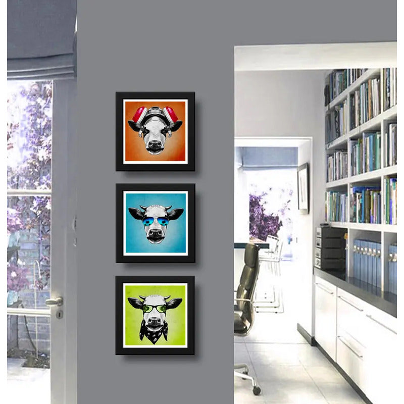 Set 3 Cuadros Vaca Hipster Pop Art Gafas Animales Decoracion