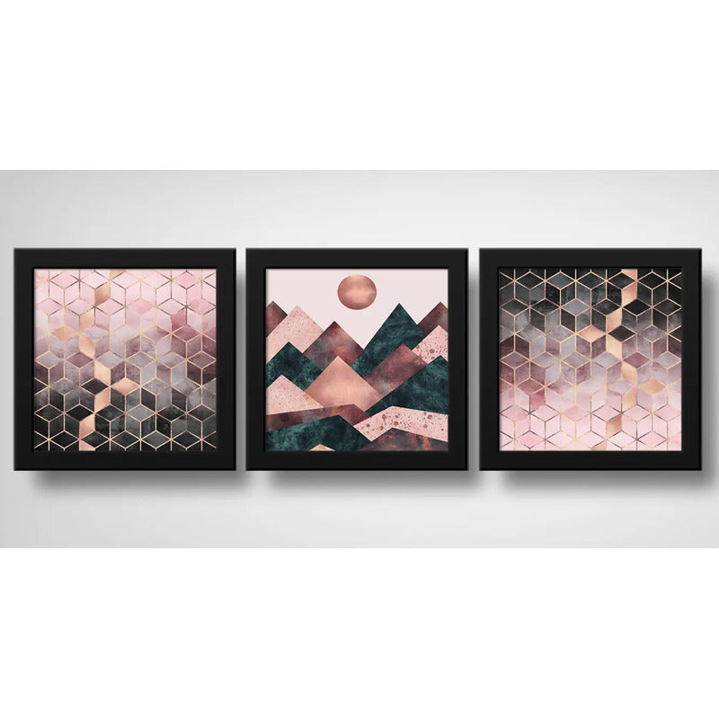 Set 3 Cuadros Abstracto Rose Gold Escandinavo Geometrico Art