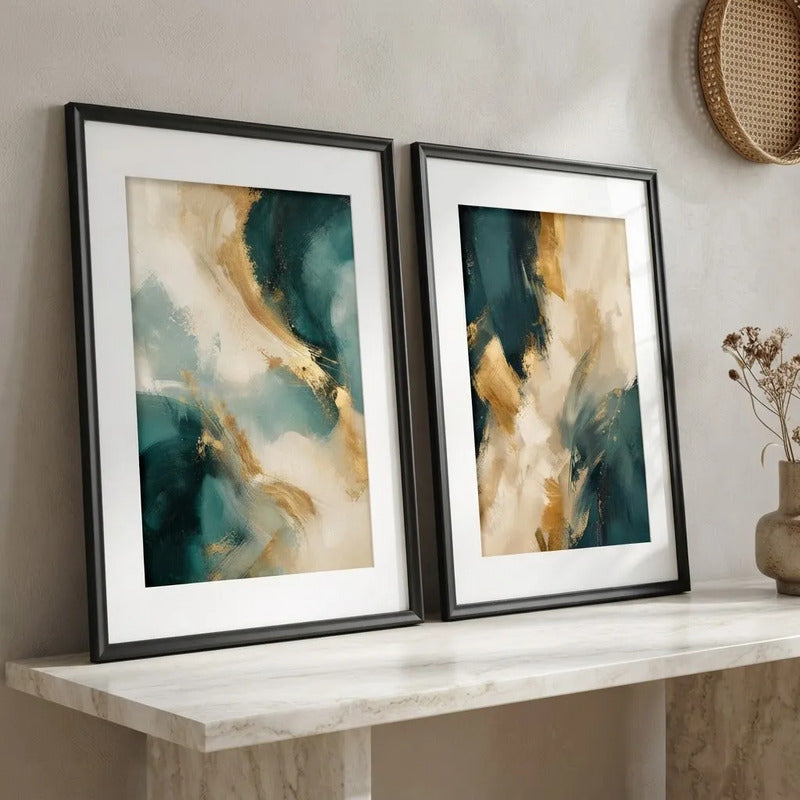Set 2 Cuadros Boho Arte Abstracto Azul Petroleo Con Paspartu 43x33cm Cada Cuadro Negro