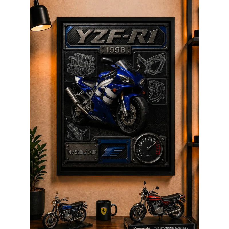 Cuadro Yamaha Yzf R1 Moto Icónico Detalles Specs Efecto 3d Marco Negro