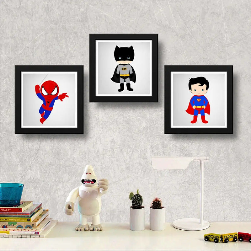 Set 3 Cuadros Superheroes Decoracion Dormitorio Infantil Br1 Spiderman Batman Superman Con Marco Negro