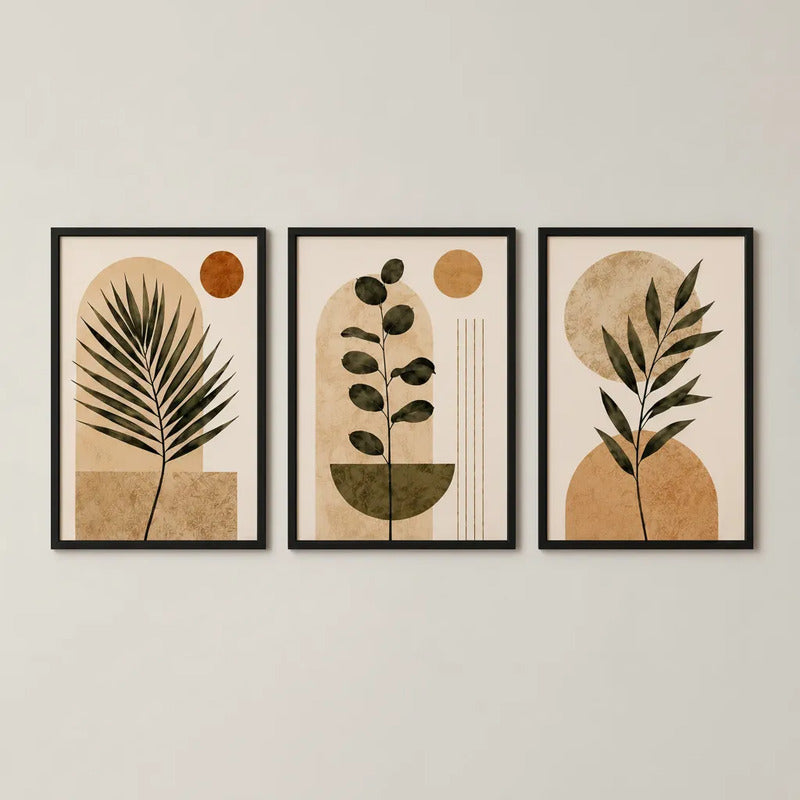 Set 3 Cuadros Dormitorio Living Boho Minimalista Tonos Beige Marco Negro