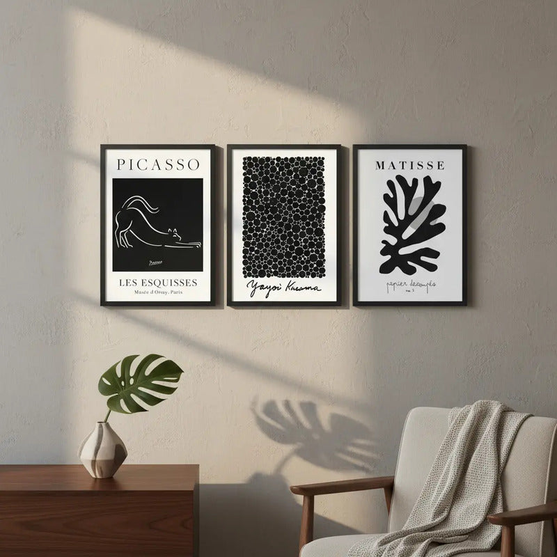 Set 3 Cuadros Picasso Matisse Kusama Black Minimalista Arte Marco Negro