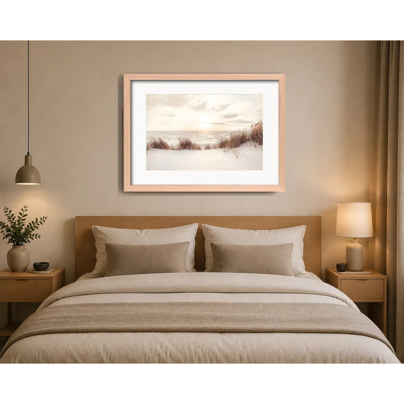 Cuadro Paisajes De Playa Dunas Mar Sol 110x80cm Con Paspartú Marrón Claro