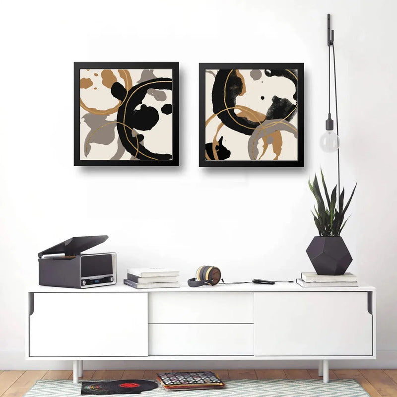 Set 2 Cuadros Living Cocina Café Arte Abstracto 33x33cm Marco Negro