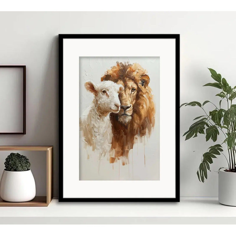 Cuadro El León Y La Oveja Cordero Decoracion Con Paspartú Marco Negro