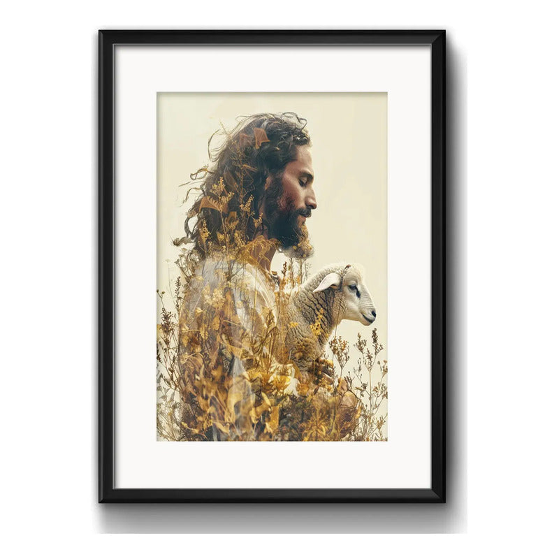 Cuadro Jesús Cristo Senor Y El Cordero De Dios Con Paspartú Marco Negro