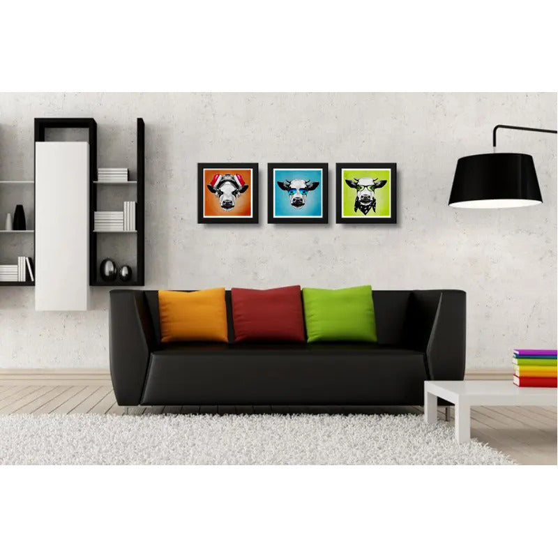 Set 3 Cuadros Vaca Hipster Pop Art Gafas Animales Decoracion