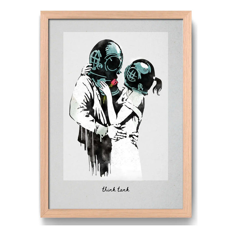 Cuadro Banksy Think Tank Arte Urbano Decoracion Marco Oak Marco Marrón Claro