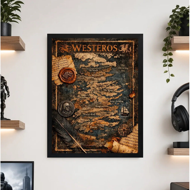 Cuadro Game Of Thrones Mapa De Westeros Série Arte Retro Marco Negro