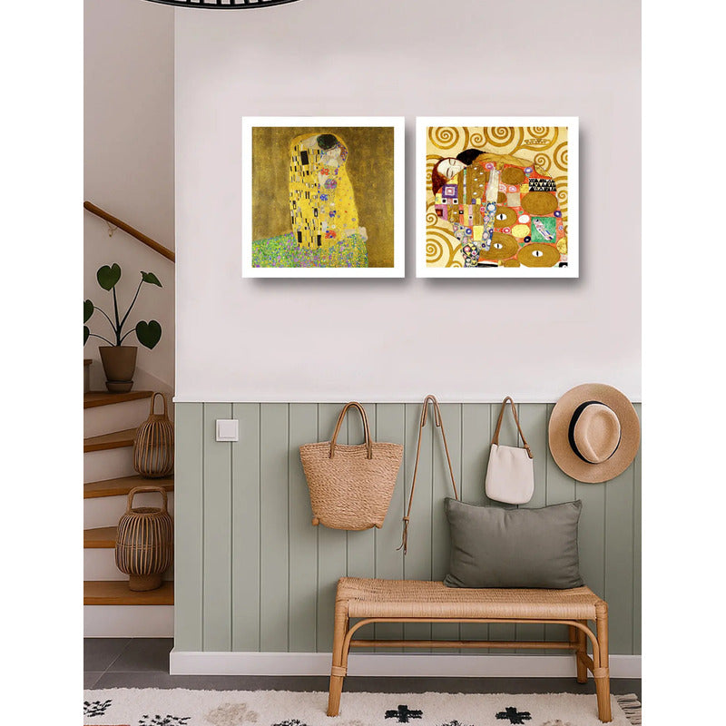 Set 2 Cuadros Gustav Klimt El Beso El Abrazo Museo 33x33cm Marco Blanco