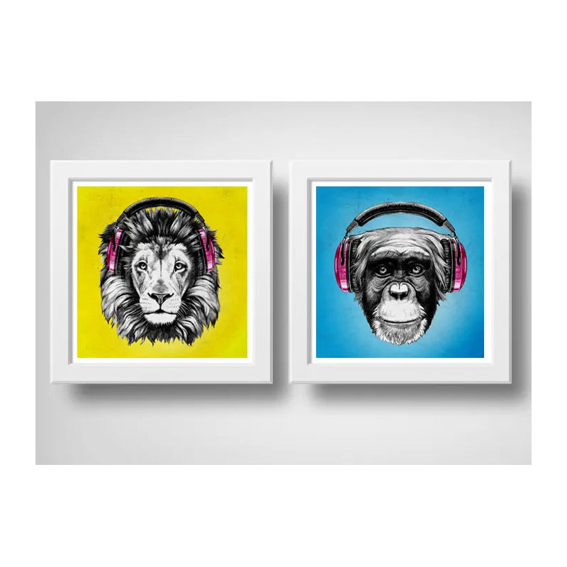 Set 2 Cuadros León Mono Pop Art Auriculares Animales Decora