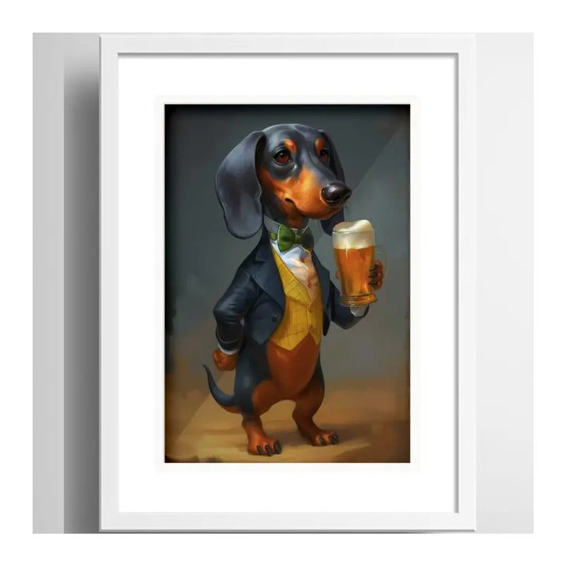 Cuadro Perro Salchicha Tomando Cerveza Birra Con Paspartú