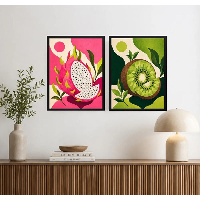 Set 2 Cuadros Cocina Frutas Tropicales Decora Living Comedor Marco Negro