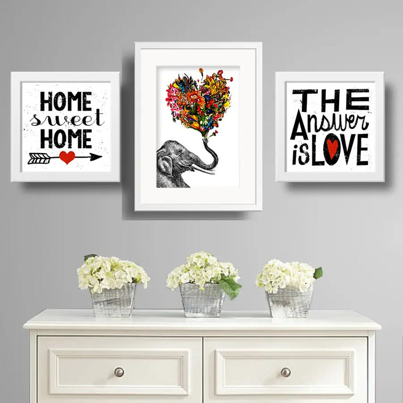 Set 3 Cuadros Elefante Amor Corazón Home Sweet Home Frase