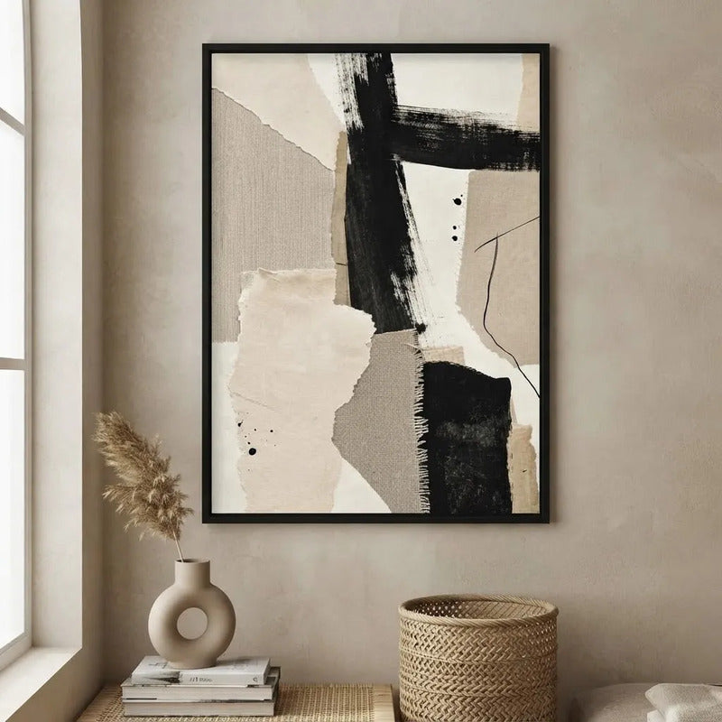 Cuadro Dormitorio Living Boho Abstracto Texturas Retazos Br1 Marco Negro