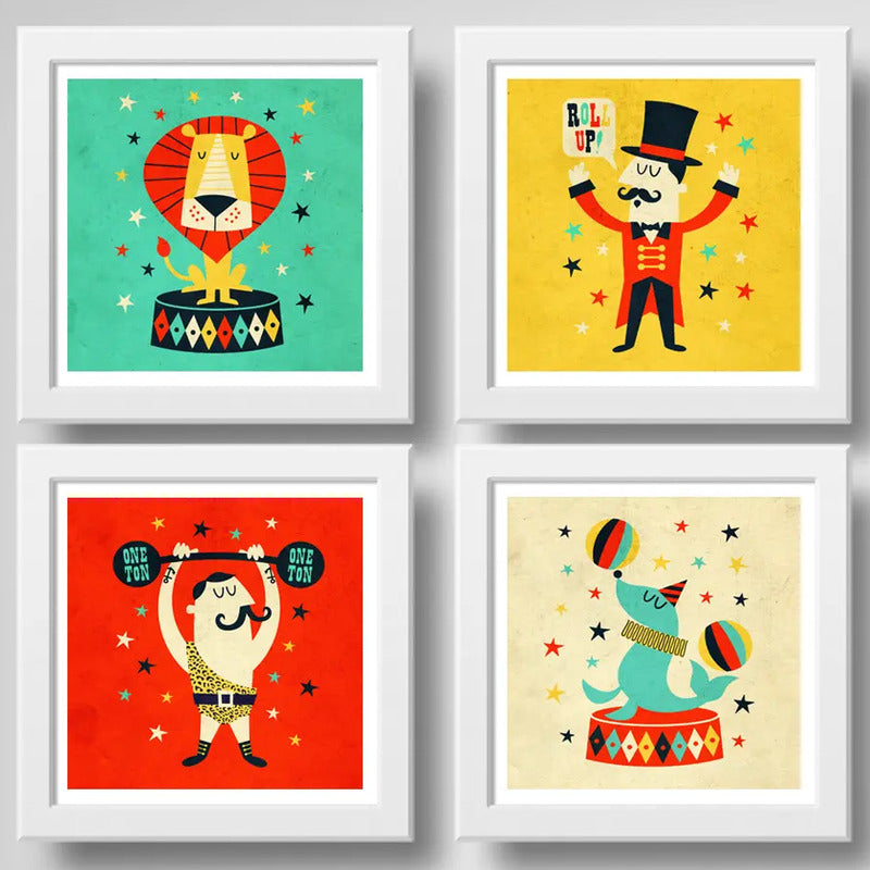 Set 4 Cuadros Circo Infantil Para Dormitorio Leon Decoracion