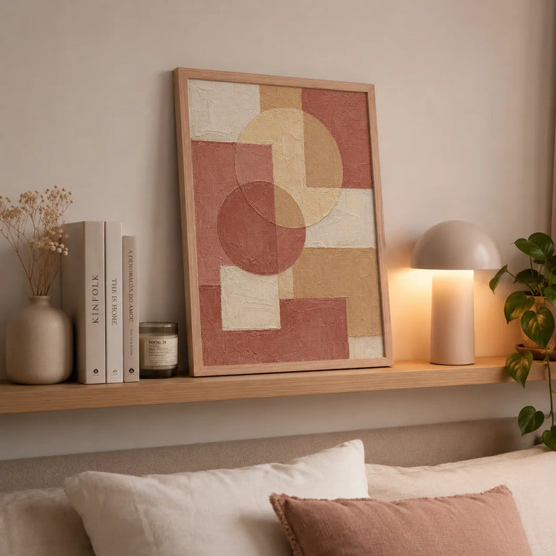 Cuadro Living Dormitorio Boho Abstracto Rosa Beige Nude Marco Madera Natural Oak