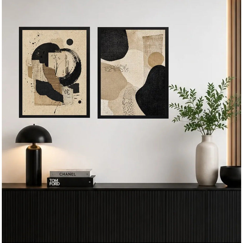 Set 2 Cuadros Boho Arte Abstracto Beige Crema Decora Living Marco Negro