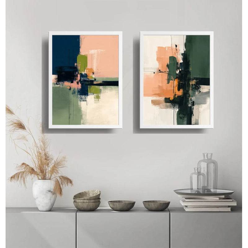 Set 2 Cuadros Dormitorio Living Abstracto Arte Verde Durazno Marco Blanco