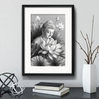 Cuadro Buda Flores Blanco Y Negro Meditacion Con Paspartu Marco Negro
