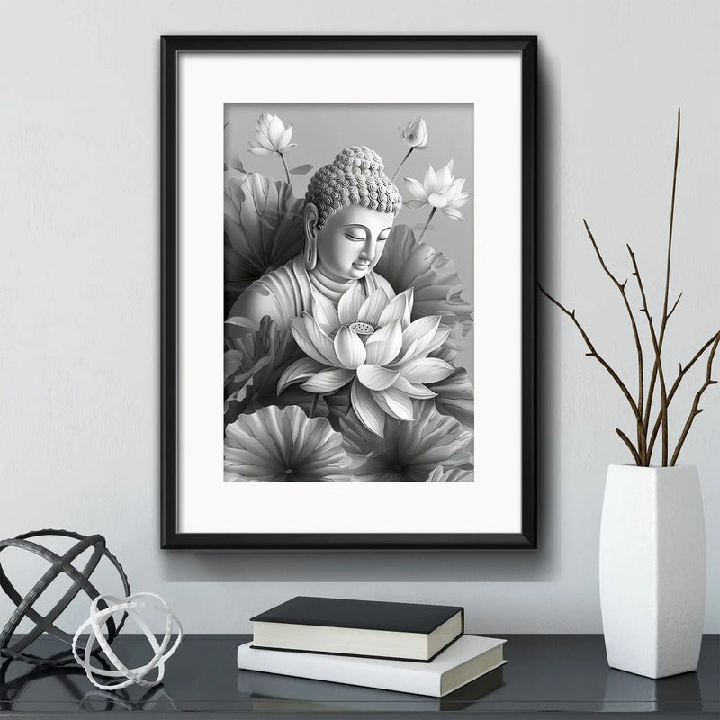 Cuadro Buda Flores Blanco Y Negro Meditacion Con Paspartu Marco Negro