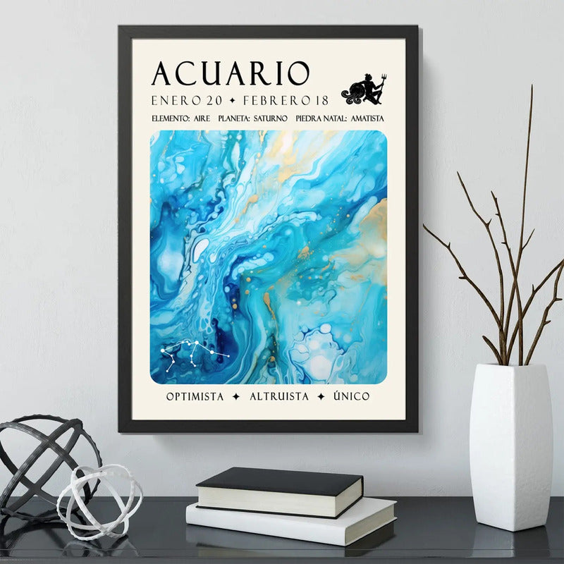 Cuadro Acuario Signo Astrologia Horoscopo Piedra Amatista Marco Negro