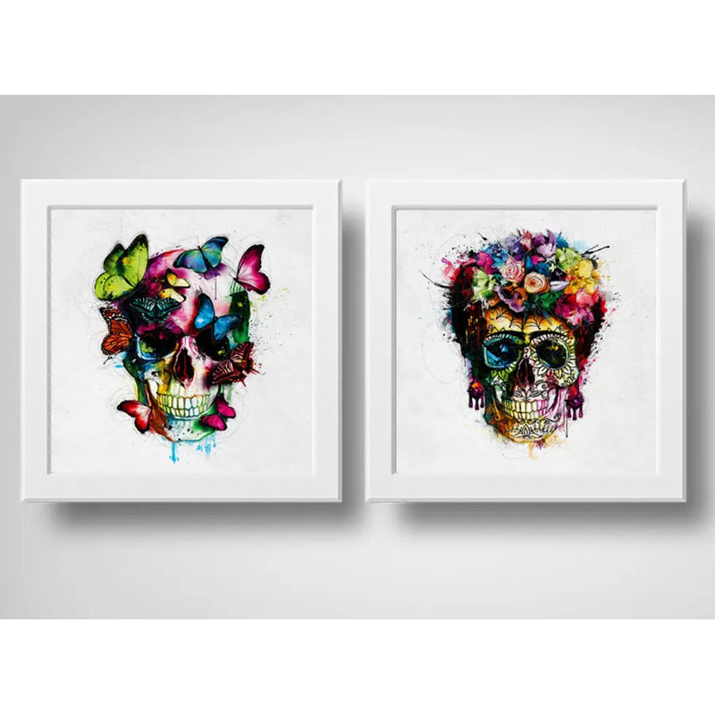 Set 2 Cuadros Calavera Mariposas Frida Calavera Flores Decor