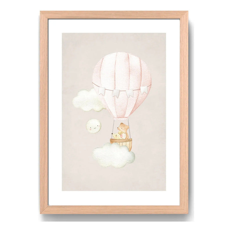 Cuadro Dormitorio Infantil Bebe Niño Oso Conejo Estrela Luna Oso Globo Volador Marco Madera Oak