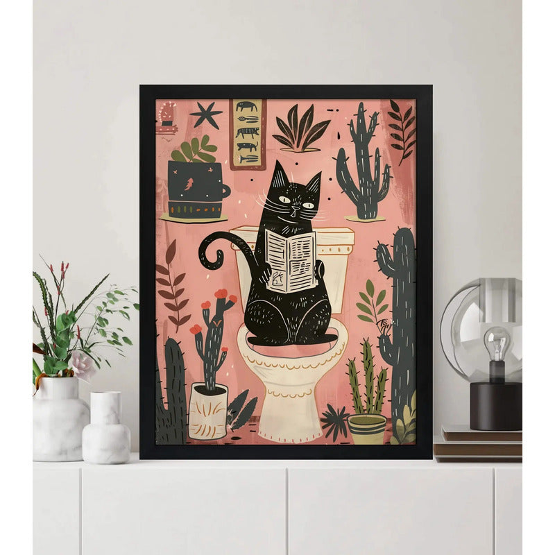 Cuadro Baño Gato Negro En Inodoro Con Cactus Arte Decoracion Marco Negro