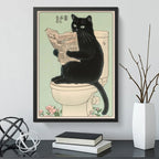 Cuadro Gato Negro Bano Arte Japonés Anime Flores Decoracion Marco Negro