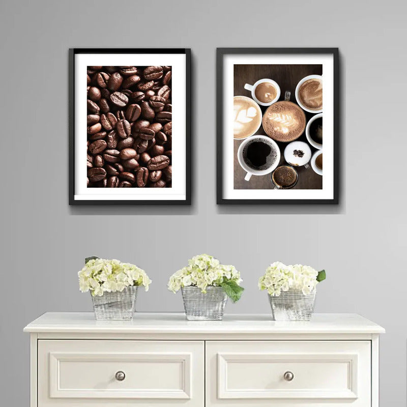 Set 2 Cuadros Café Tipos Grano Recetas Bebidas Coffee Cocina Marco Negro