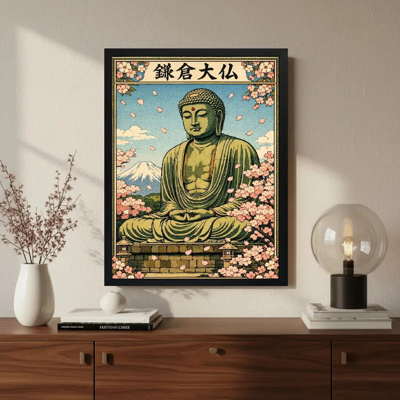 Cuadro Buda Kamakura Arte Japones Flor Cerezo Feng Shui Marco Negro
