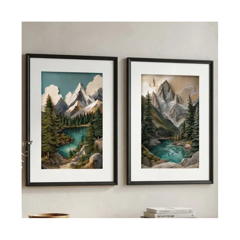 Set 2 Cuadros Paisaje Montañosa Textura 3d Brs1 Con Paspartu 43x33cm Cada Cuadro Negro