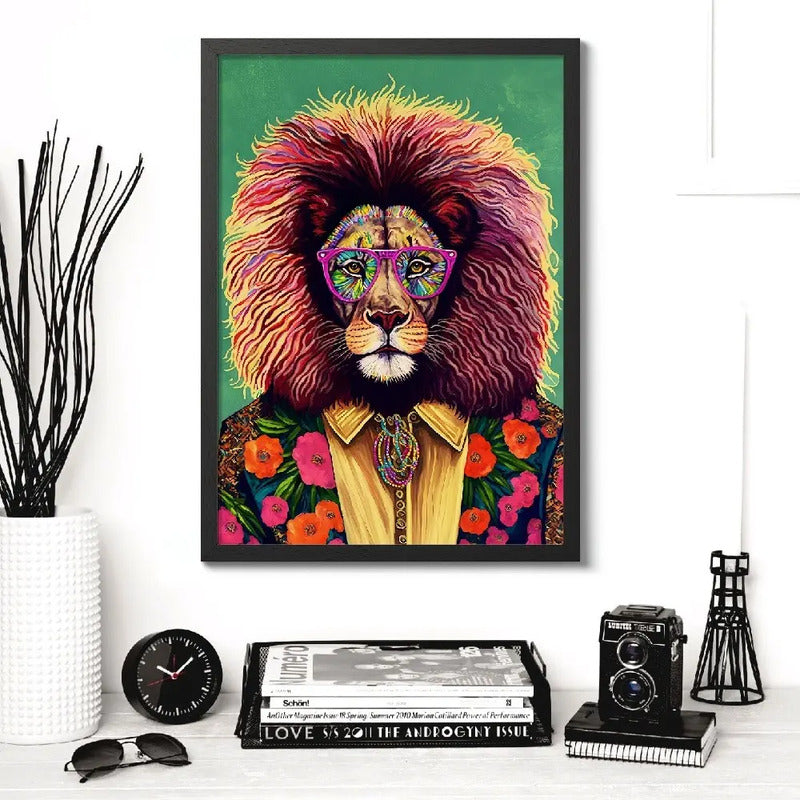 Cuadro Animales Traje Pop Art Perro Jirafa León Decoracion León Marco Negro