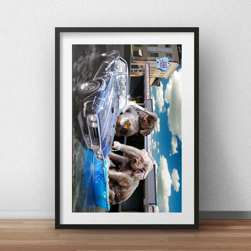 Cuadro Elefantes Lavadero Auto Arte Decoracion Con Paspartú Marco Negro