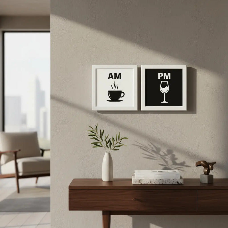 Set 2 Cuadros Am Pm Cafe Vino Cocina Living Decoracion Marco Blanco