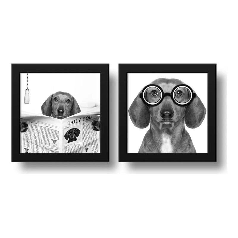 Set 2 Cuadros Dachshund Gafas Perro Baño Mascota Pet Decora
