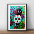 Cuadro Gato Perro Calavera Mexicana Decoracion Con Paspartú