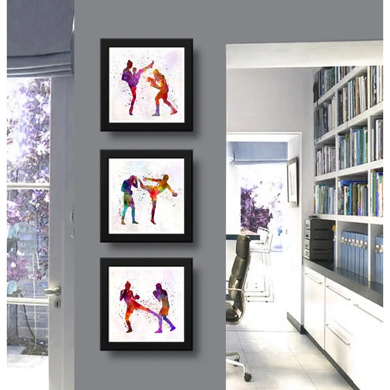 Set 3 Cuadros Artes Marciales Pop Art Mma Lucha Gym 33x33cm Marco Negro