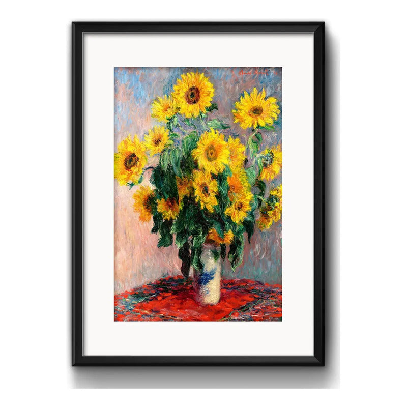 Cuadro Claude Monet Jarrón De Girasoles 53x43cm Con Paspartú Marco Negro