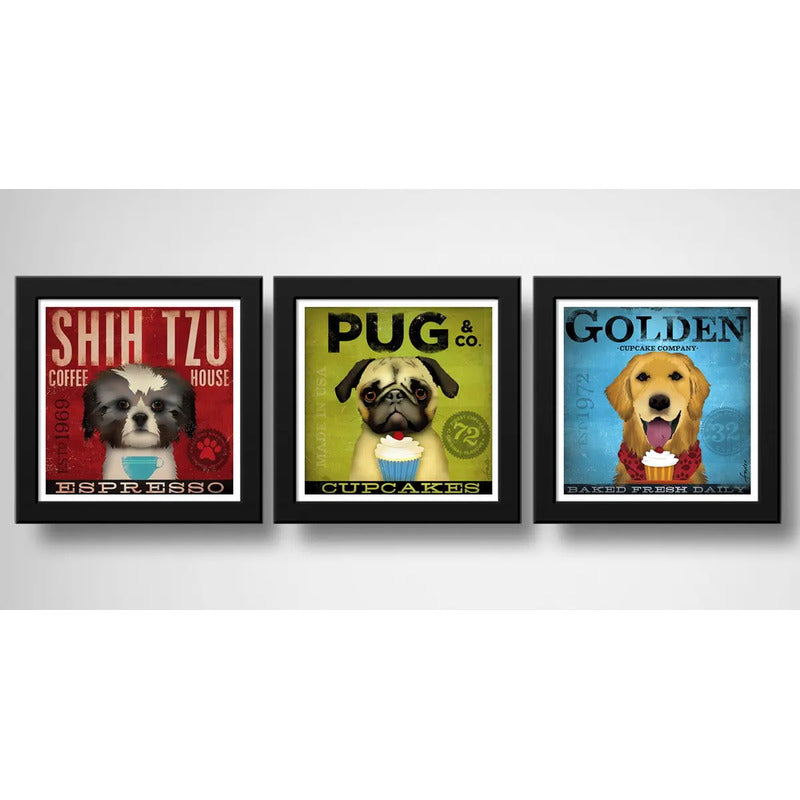 Set 3 Cuadros Perro Cafe Cupcake Pug Shitzu Golden Pet Decor