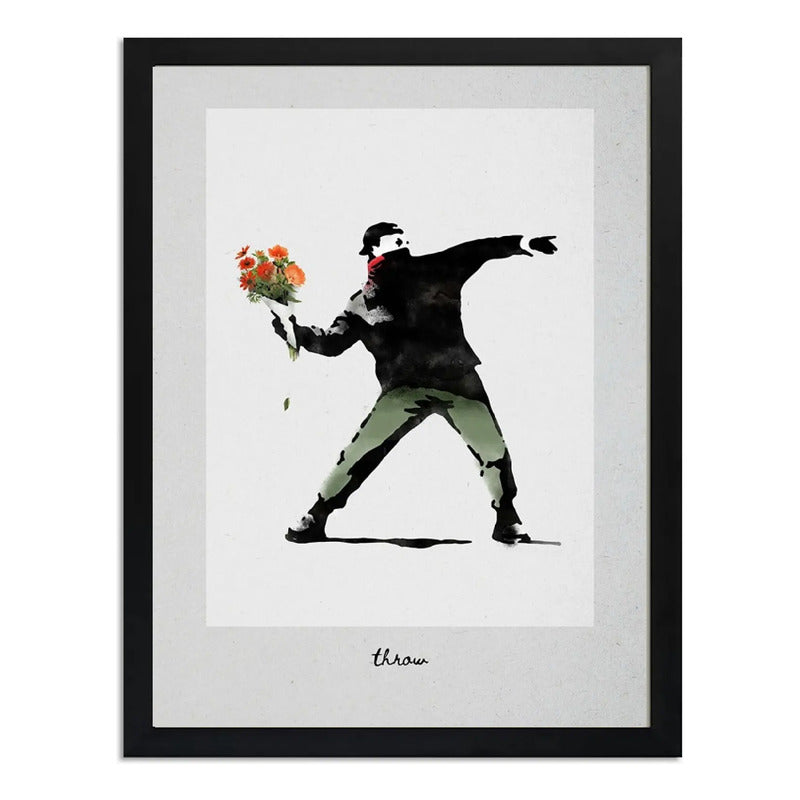 Cuadro Banksy Love Is In The Air Lanzador Flores Arte Urbano Marco Negro